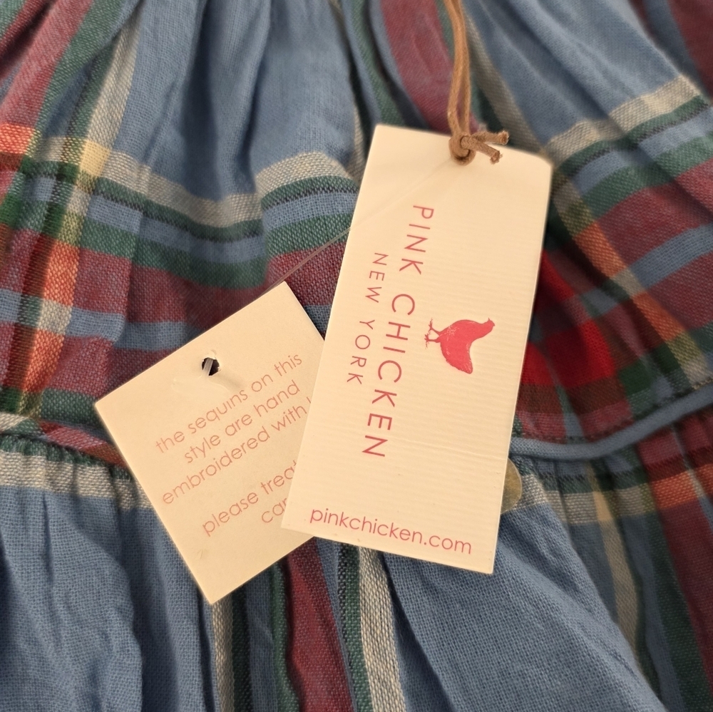 Pink Chicken Girls Plaid Cotton Skirt 12Y Blue Red Tiered Ruffle Sequins NWT - Picture 2 of 9